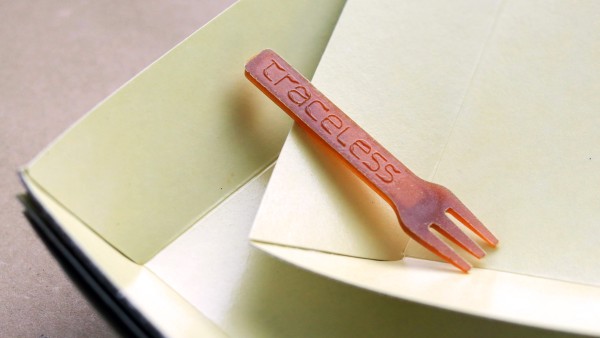 A French fries fork made from natural polymers that disappears into the environment after two to nine weeks without leaving a trace.